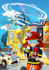 cartoon scene with fireman working near some ambulance and building is burning illustration for children
