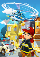 Obraz na płótnie Canvas cartoon scene with fireman working near some ambulance and building is burning illustration for children