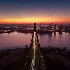 Aerial view of Pivnichny Bridge (ex. Moskovsky Bridge) at the sunset in Kyiv, Ukraine