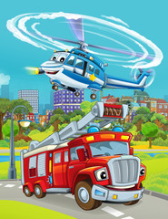 cartoon scene with police helicopter and fireman truck in the park - illustration for children