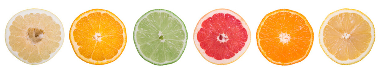 multi-colored citrus slices on a white background