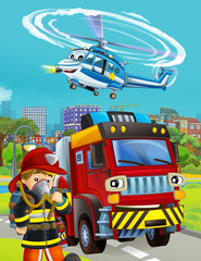 cartoon scene with fireman vehicle on the road - illustration for children