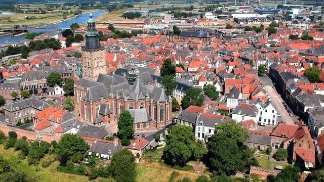 Aerial day time sunny weather shot of historic city center of city of Zutphen, Netherlands. Shot of famous church St. Walburgis