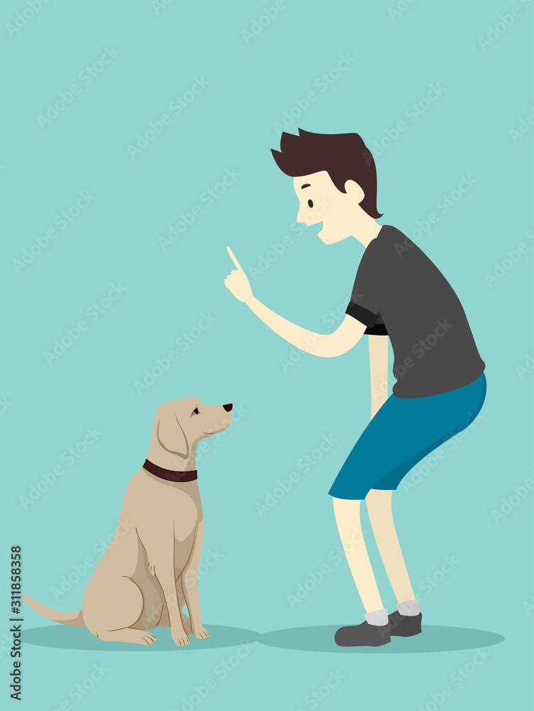 Poster Dog Basic Command Sit Man Illustration