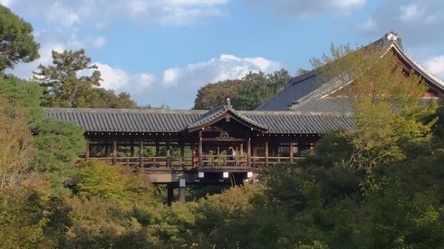 Tsutenkyo Bridge at Tokufuji Shrine. Kyoto, Japan. Zoom Out Shot