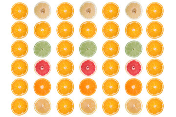 multi-colored citrus slices on a white background