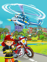 cartoon scene with fireman vehicle on the road - illustration for children