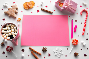 wish list, sweets and New Year decorations on a white background mockup