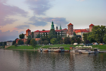 Fototapeta na wymiar evening landscape with views of the Wawel Palace and the Vistula. Krakow, Poland.