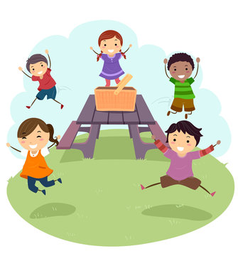 Stickman Kids Picnic Table Jump Illustration