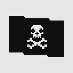 1-bit pixel art style pirate flag. Jolly Roger. Skull crossbones. Sticker design. Isolated abstract vector illustration. Design for logo game, sticker, web, mobile app, badges and patches.