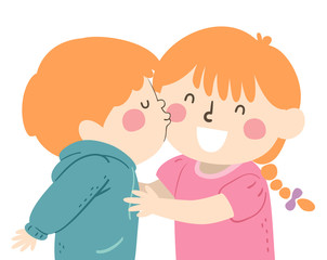 Kids Siblings Kiss Boy Illustration