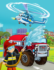 cartoon scene with fireman vehicle on the road - illustration for children