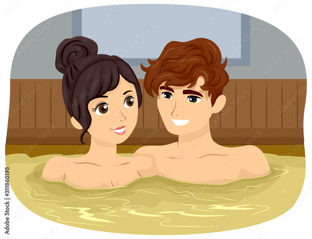 Sticker Teen Couple Private Onsen Bath Indoor Illustration