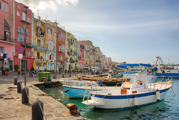 Boats against old houses. Procida island, Italy