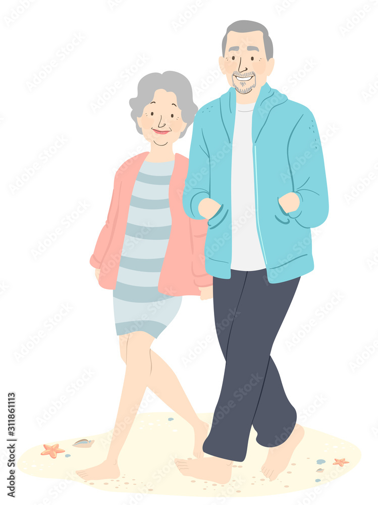 Sticker Senior Couple Barefoot Beach Walking Illustration