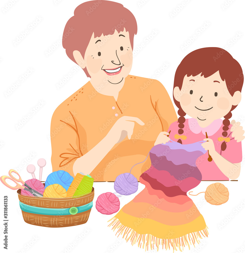 Wall mural senior girl kid grandma teach crochet illustration