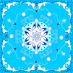 Picture with a winter decorative pattern on a turquoise background, with white snowflakes, symmetrical ornaments of winter flowers for postcards, poster, tile, textile and background.