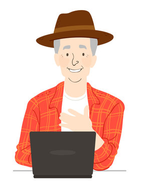 Senior Man Farmer Laptop Illustration