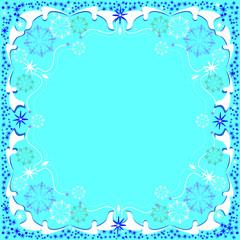 Picture frame with a winter decorative pattern on a turquoise background, with white snowflakes, symmetrical ornaments of winter flowers for the design of postcards, posters, tiles, ceramics, textiles