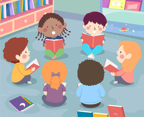 Kids Class Group Reading Aloud Illustration