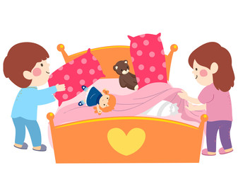 Kids Help Fixing Bed Illustration