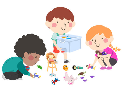 Kids Help Pick Up Toys Illustration
