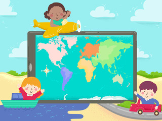 Kids Tablet World Map Plane Ship Car Illustration