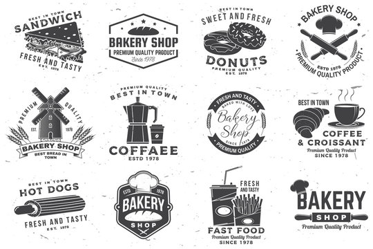Set of Bakery shop and fast food retro badge. Vector. Concept for bakery, cafe, restaurant, pub or fast food business. For restaurant identity objects, packaging menu