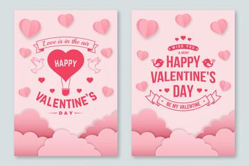 Set of Happy Valentines Day poster, greeting cards. Set invitation, posters, brochure, voucher, banners with clouds, bird, hot air balloon, hearts. Vector. Design for Valentines Day.