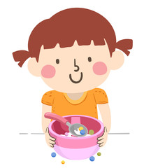 Kid Girl Fixing Bowl Cereal Illustration