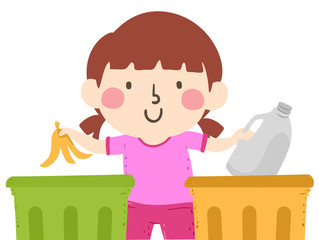 Kid Girl Garbage Sorting Illustration