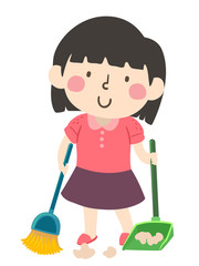 Kid Girl Sweep Floor Illustration