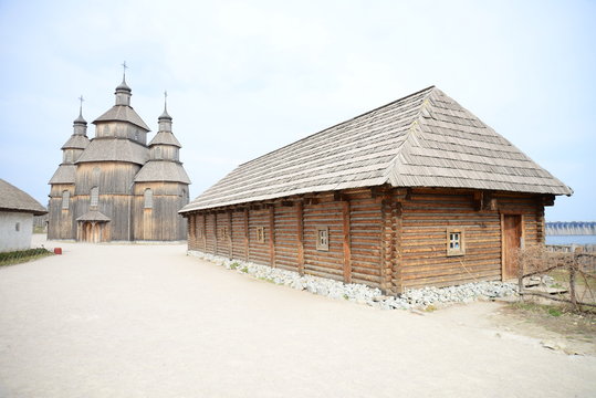 Typical Cossack house interior. Wooden building on Zaporozhye Sich in Ukraine. Medieval church on island of Khortitsa in Zaporozhye.