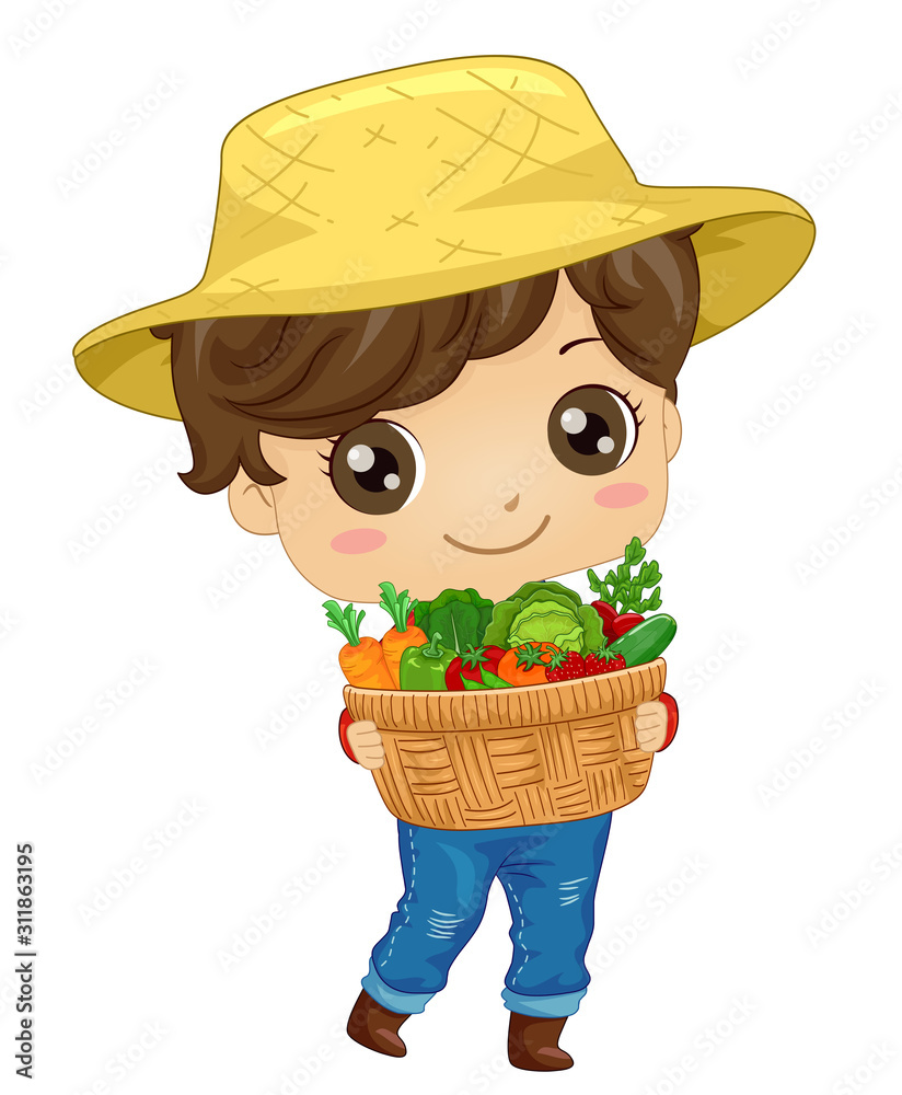 Poster Kid Boy Farmer Carry Vegetables Illustration