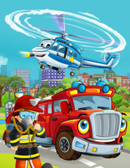 cartoon scene with fireman vehicle on the road - illustration for children