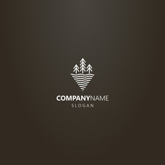 white logo on a black background. simple vector line art rhombos logo of three fir trees near water waves