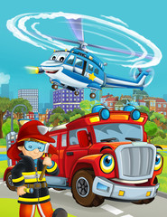 cartoon scene with fireman vehicle on the road driving through the city and fireman standing near by - illustration for children