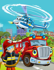 cartoon scene with fireman vehicle on the road driving through the city and helicopter flying over and fireman standing near - illustration for children