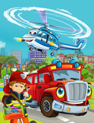 cartoon scene with fireman vehicle on the road - illustration for children