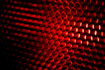 Closeup honeycomb grid texture with red light. Red and dark metal hexagon shaped pattern abstract...