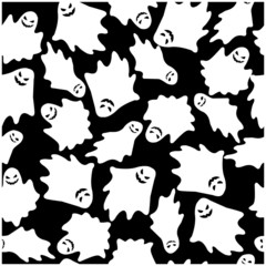 Halloween seamless pattern with hand drawn white ghosts doodles on black background. Vector illustration for wrapping paper, textile. Scary white ghosts design