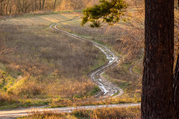 Top view of a winding rural road through a muddy field