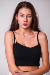 Fototapeta premium Portrait close up of young beautiful brunette model
