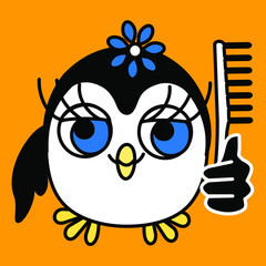 emoticon with a funny girl penguin, which is standing and holding a comb in his hand, vector color clip art