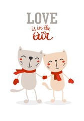 Funny couple of cats in love holding hands. Happy Valentines day greeting card. Hand drawn romantic animals, symbol of love, dating and marriage