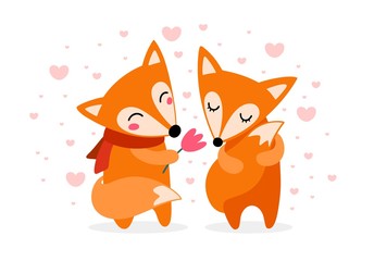 Cute couple of happy foxes in love. Happy Valentines day illustration. Dating, relationship and romantic hand drawn animal characters