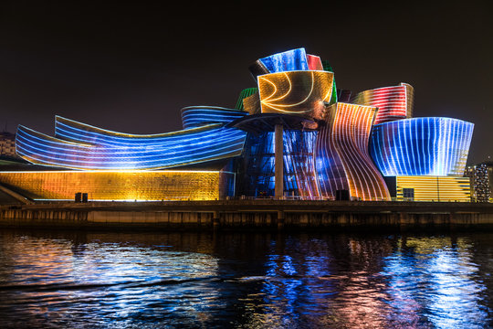 Bilbao, Spain. 20th September,2019: amazing Guggenheim Bilbao museum illuminated at night