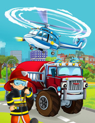 cartoon scene with fireman vehicle on the road - illustration for children