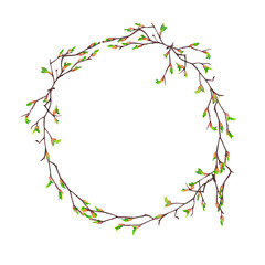 Round frame of realistic isolated birch branches in spring time with blooming buds. Easter symbol. Watercolor hand painted elements isolated on white background.